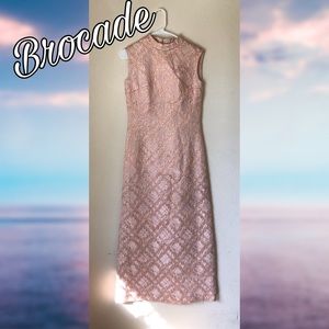 Rose Gold Brocade Sleeveless Maxi Dress | vintage pastel metallic shimmer